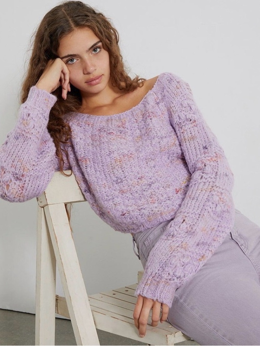Free People Womens Sunset Cloud Pullover Sweater S Purple Chunky Knit Crop Top